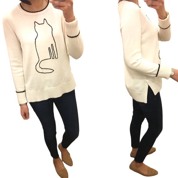 LOFT Sweaters - LOFT Cream Cotton Blend Crewneck Sweater with Embroidered Black Cat Silhouette
